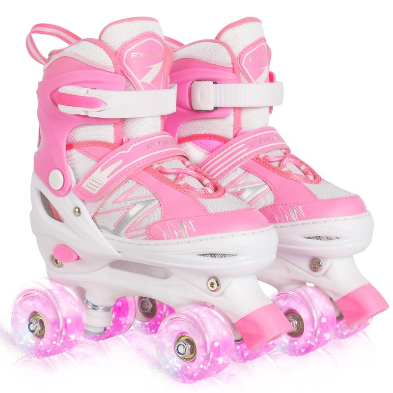 LIRENGUI Girls Roller Skates for Kids Children Beginner, Adjustable Kids Roller Skates with All Light Up Wheels for Sports, Pink & White (Medium 1-4 US)