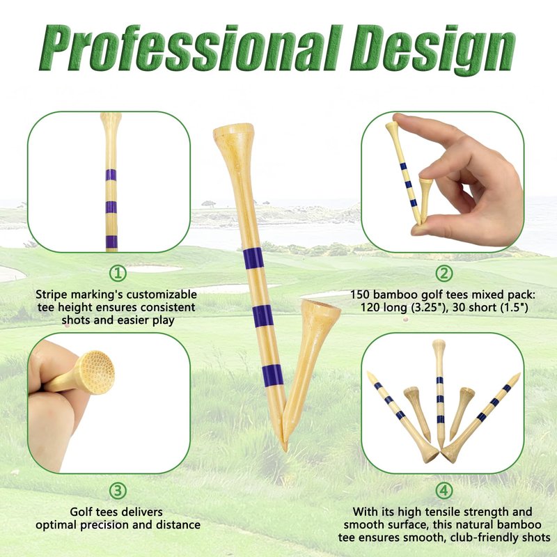 Foinco 150 PCS Wooden Golf Tees Set, Natural Wooden with Black Band, 150 Count (120 Long 3.25 Inch and 30 Short 1.5 Inch), Durable and Stable