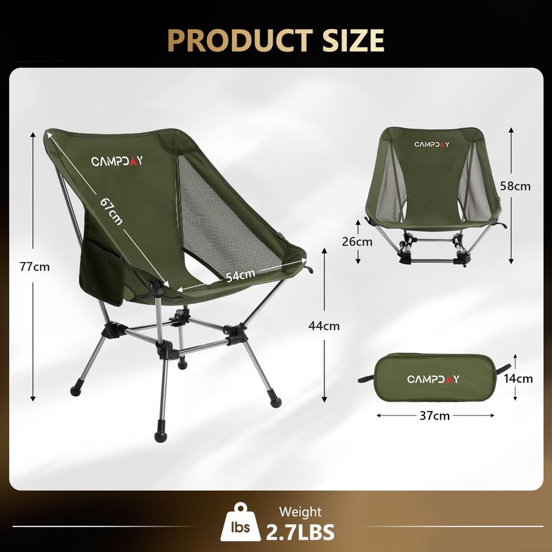 Campday Camping Chair Portable Hiking Ultralight Backpacking Small Lightweight Folding Chair for Outdoor Camp Hunting Beach Picnic Concert, Supports 330lbs (Black,1PCS)