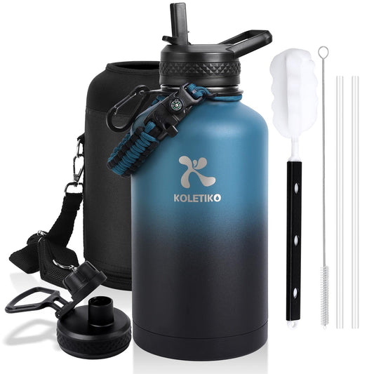 KOLETIKO Insulated Water Bottle 64 oz, Vacuum Stainless Steel Water Bottles Keep COLD 36 Hrs, Leak Proof Half Gallon Water Jug Flask with Paracord Handle, Straw & Spout Lid, BPA Free, Indigo Black