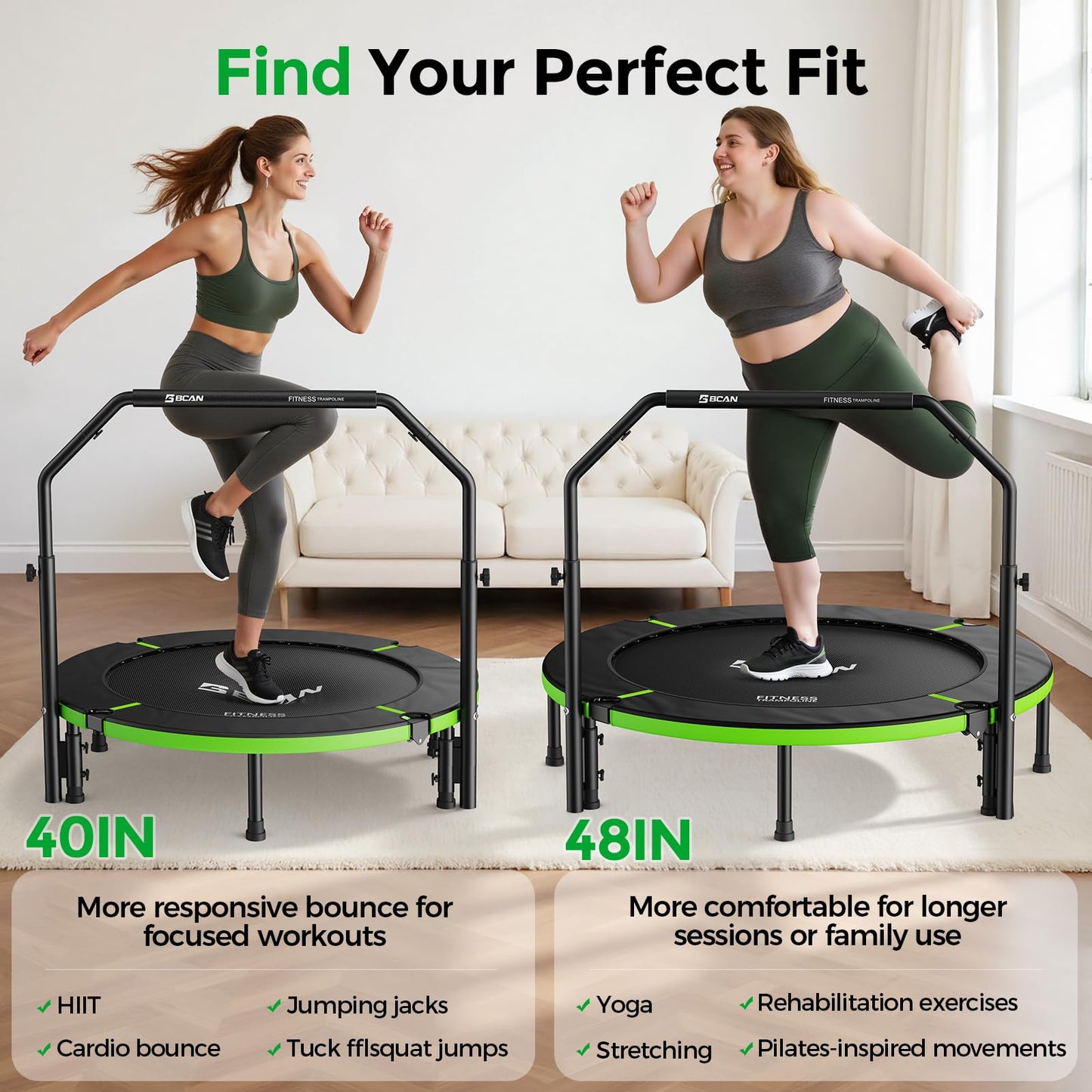 BCAN 40" Foldable Mini Trampoline, Rebounder Trampoline for Adults, Adjustable Foam Handle, Exercise Rebounder for Adults Indoor/Garden Workout, Max Load 330lbs, Green