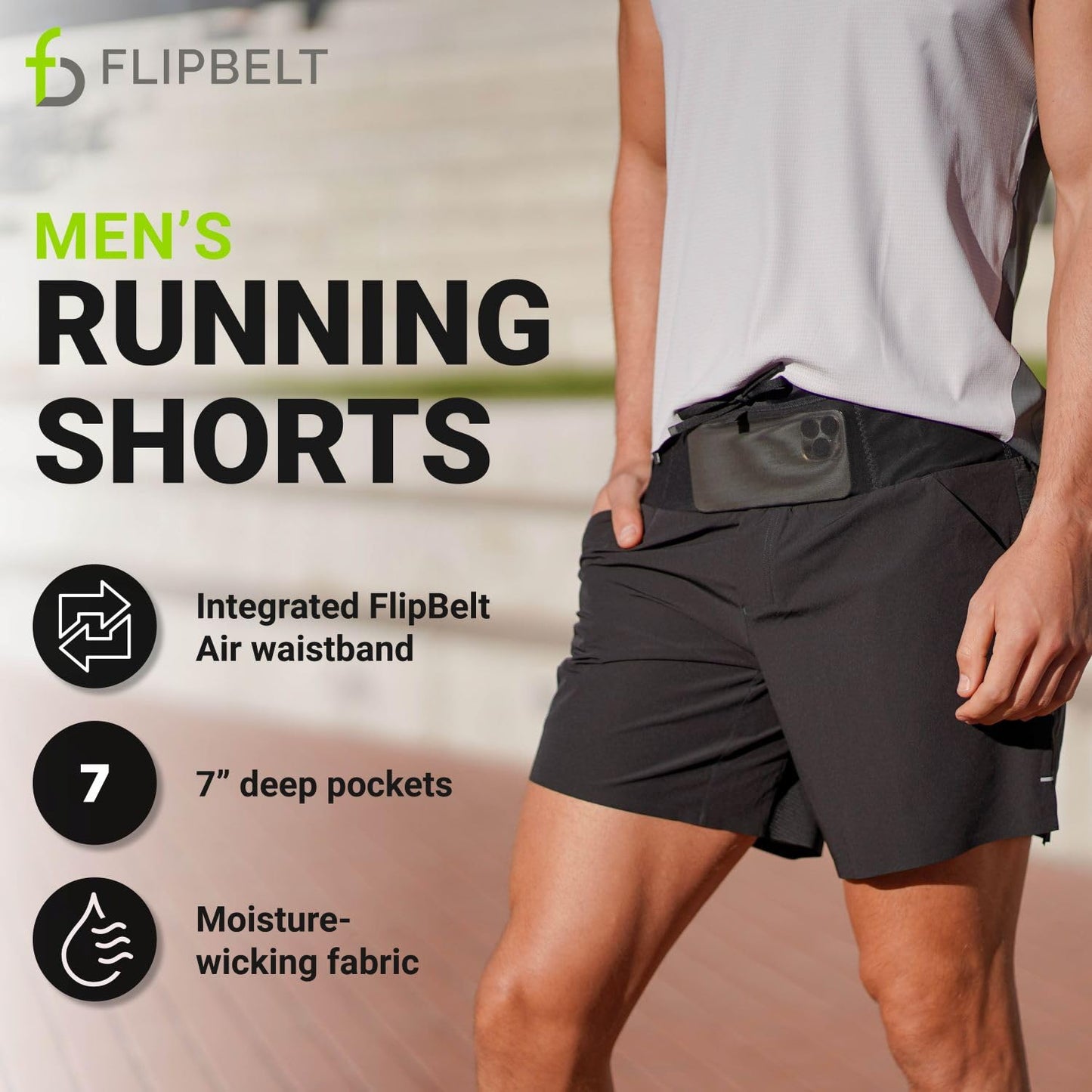 FlipBelt Black Athletic Running Shorts for Men, Lightweight Moisture Wicking Exercise Shorts with Reflective Logo and 7” Pockets, Integrated Air Belt Waistband, XS-XL