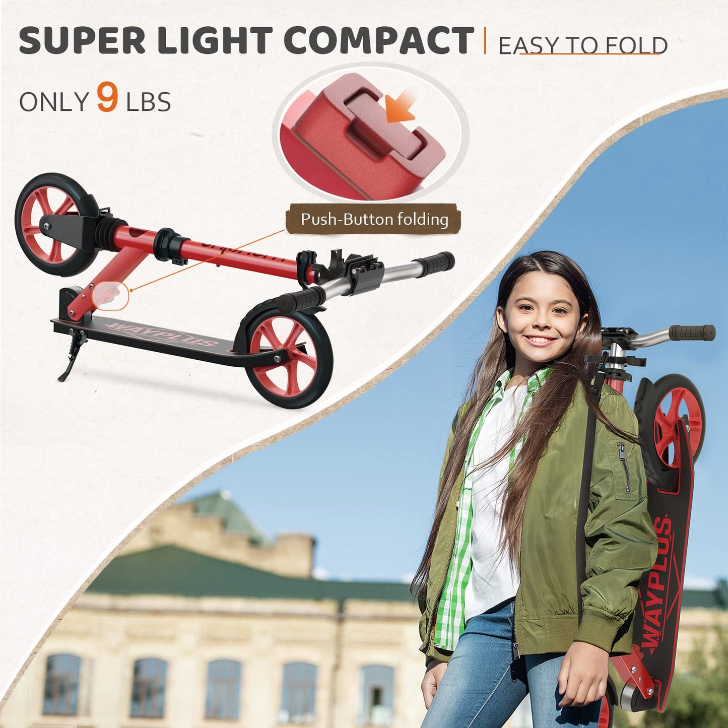 WAYPLUS Lightweight Kick Scooter for Kids, Teens and Adults, Foldable, 8-Inch Non-Slip Deck, ABEC9 Bearing, Adjustable Height 3.9-6.2FT, Red
