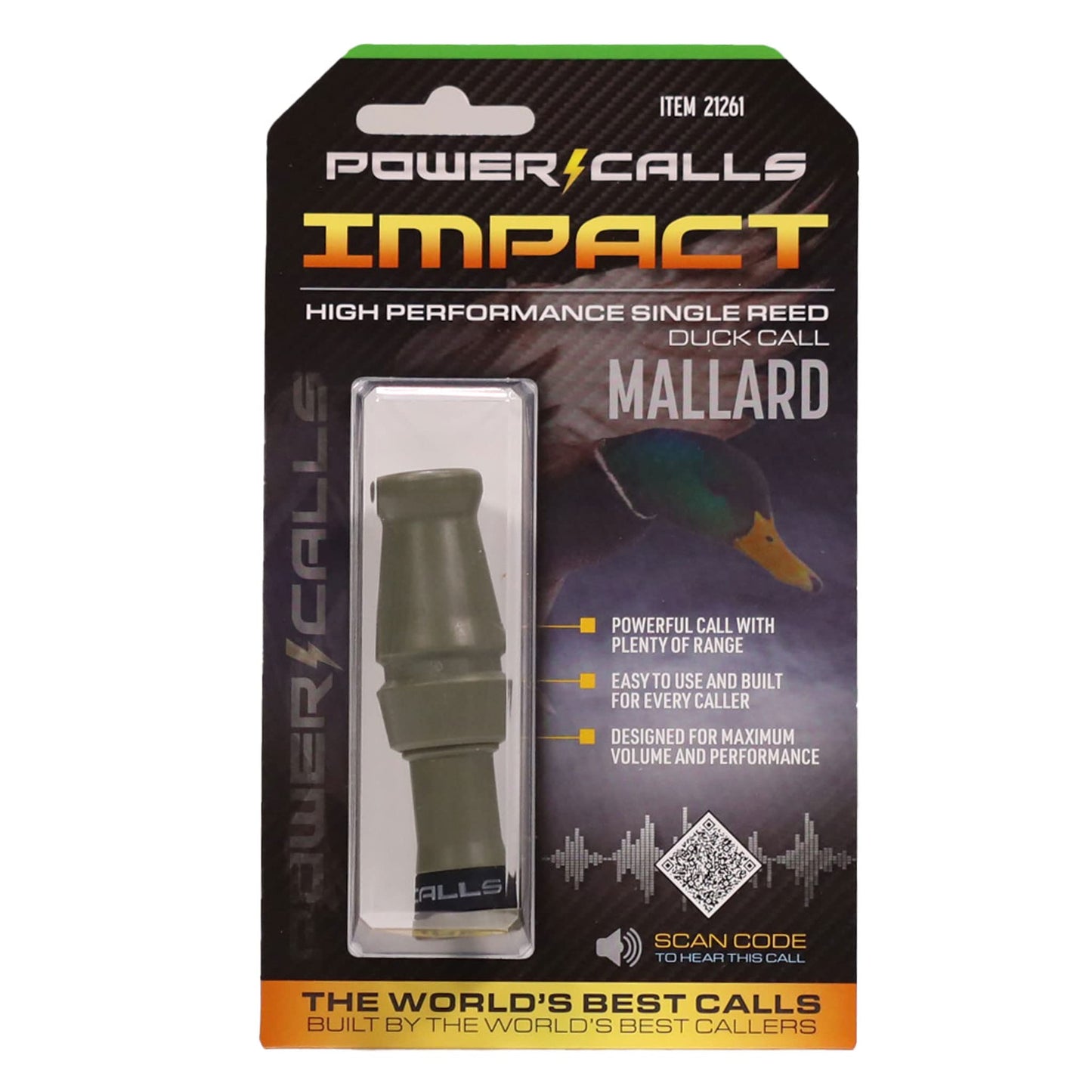 Power Calls Mallard Duck Call | Impact | Durable & Powerful Single Reed Molded Call for Waterfowl Hunting, Field Use, Outdoor Adventures & Competitions | OD Green | Premium Performance for Experts
