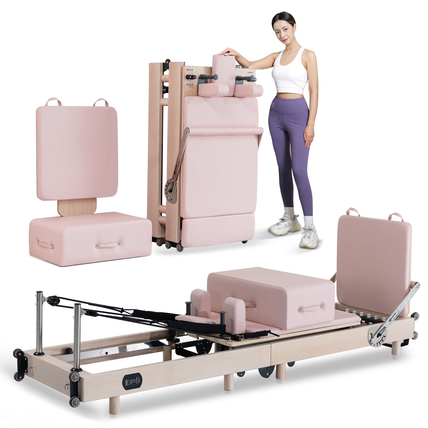 EgnFg Pilates Reformer Machine, Premium Foldable Pilates Reformer, Durable and Quiet, Pilates Equipment for Home Workouts with Reformer Accessories and Reformer Pilates Box (Pink)