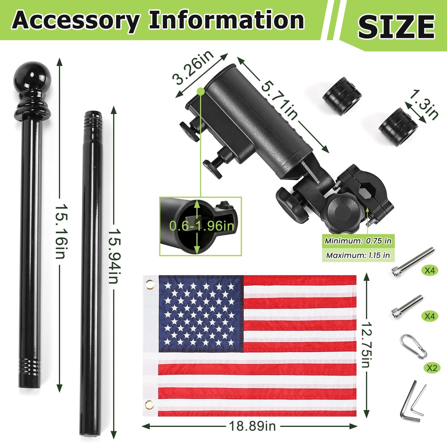 WEIMELL Golf Cart Flag Holder with USA Flag Pole Mount Kit Set Fit for EZGO TXT RXV Club Car Precedent Tempo DS Yamaha Boat Heavy Duty Windproof Bracket Set (with Flag 12x18 Inch)