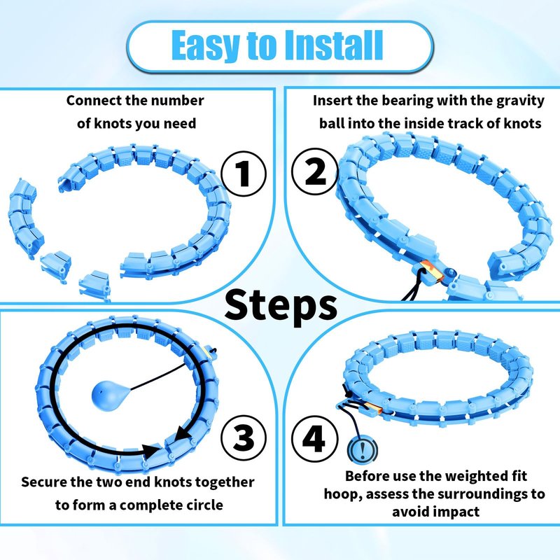 HOELLL 65 Inch Adjustable Fitness Waist Hoop – 32 Detachable Links, Quiet Non-Drop Fitness Tool for Adults Weight Loss, Plus Size Exercise Hoop for Women & Beginners (Blue)