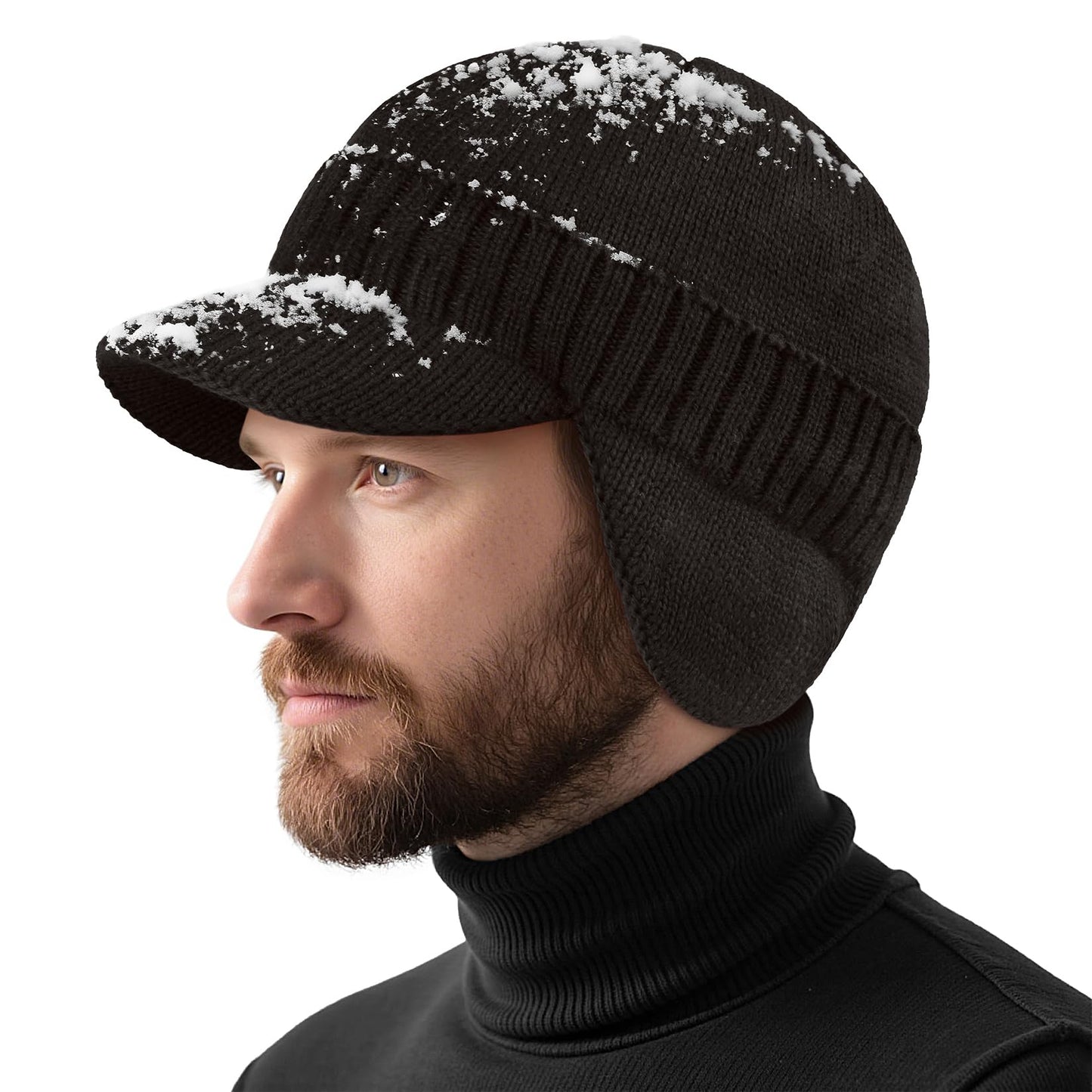 Century Star Mens Winter Hat with Visor & Earflaps,Outdoor Elastic Warm Knitted Fleece Sport Golf Baseball Beanie Cap Black One Size