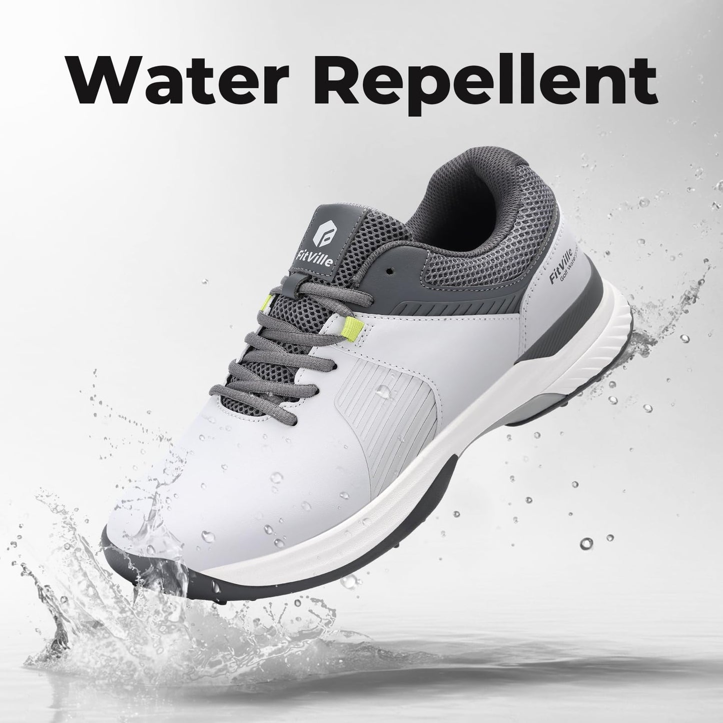 FitVille Wide Men's Golf Shoes Waterproof, Professional Outdoor Spiked Golf Shoes for Men with Arch Support(Misty Gray, 10 Wide)