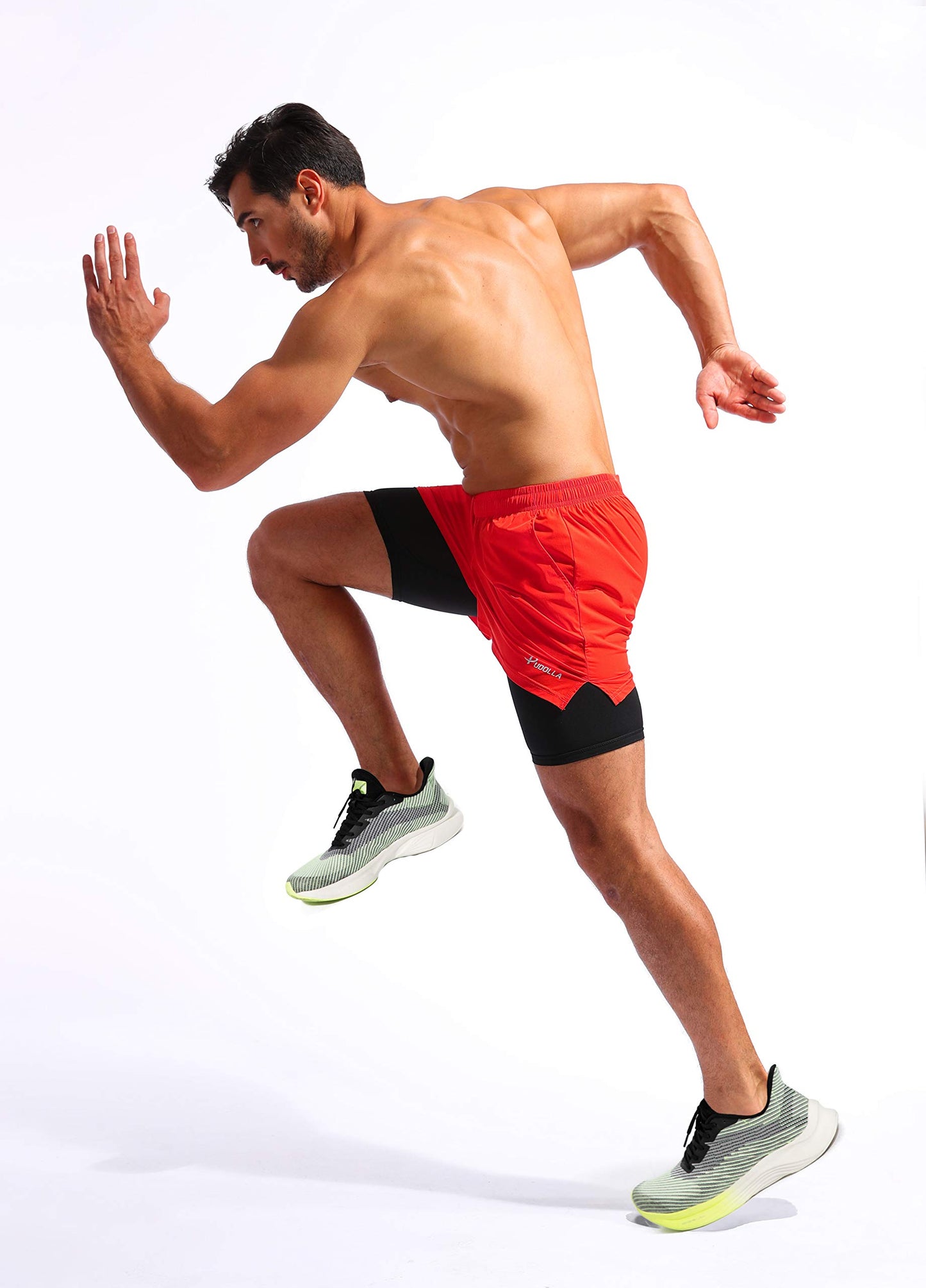 Pudolla Men’s 2 in 1 Running Shorts 5" Quick Dry Gym Athletic Workout Shorts for Men with Phone Pockets(Dark Red Medium)