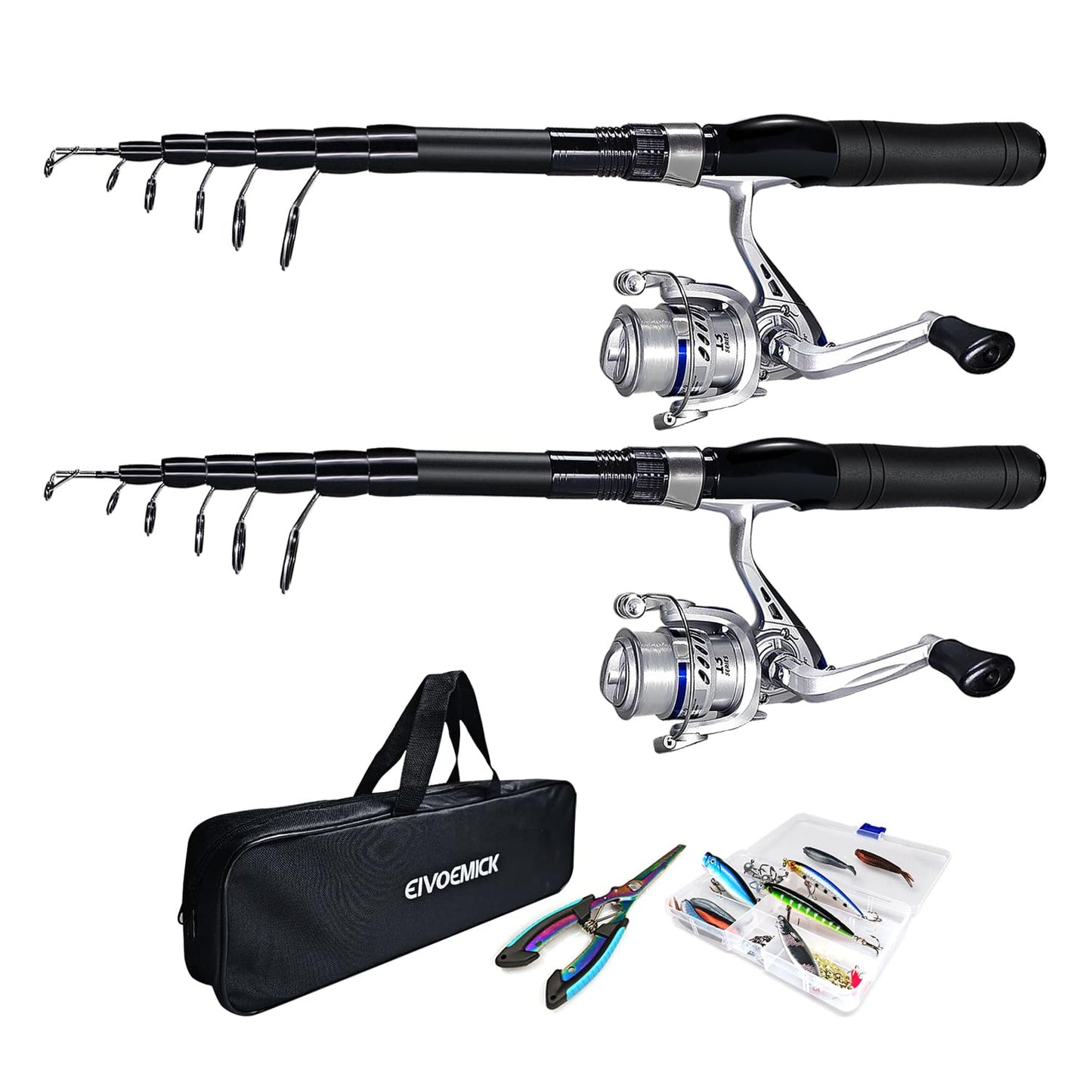 Fishing Rod and Reel Combos, 2PC Telescopic Fishing Pole Spinning Reels Sets, Collapsible Fishing Rod Full Kit with with Fishing Pliers Carrier Bag for Travel Saltwater Freshwater