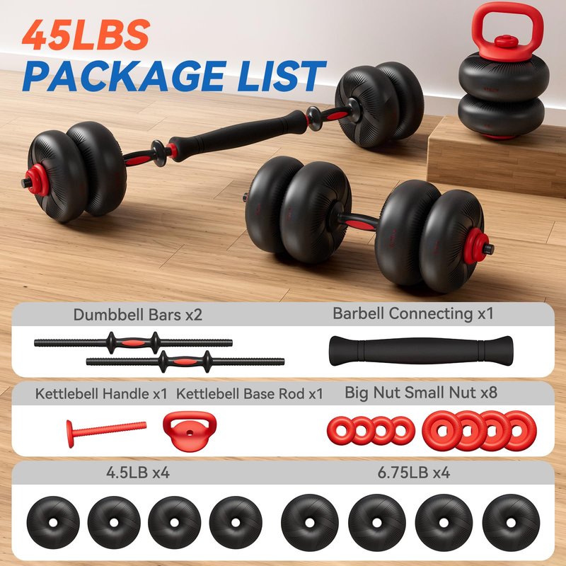 LIFERUN Adjustable Dumbbell Set, Soft PVC Coated, 45lbs/67lbs Free Weight Set Home Gym, 4-in-1 Used As Barbell, Dumbbells, Kettlebell, Weight Plates, Weights Dumbbells Set, Space Saving Fitness Exercise For Men/Women