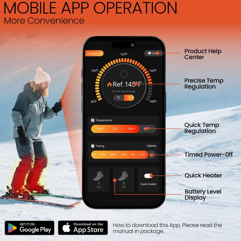 SURGOAL Merino Wool Heated Socks, 15-Hour Runtime & 145°F Heating, 8500mAh Rechargeable Electric Battery Operated Ski Socks with APP-Controlled for Men Women, Hunting, Camping, Winter (Khaki,XL)