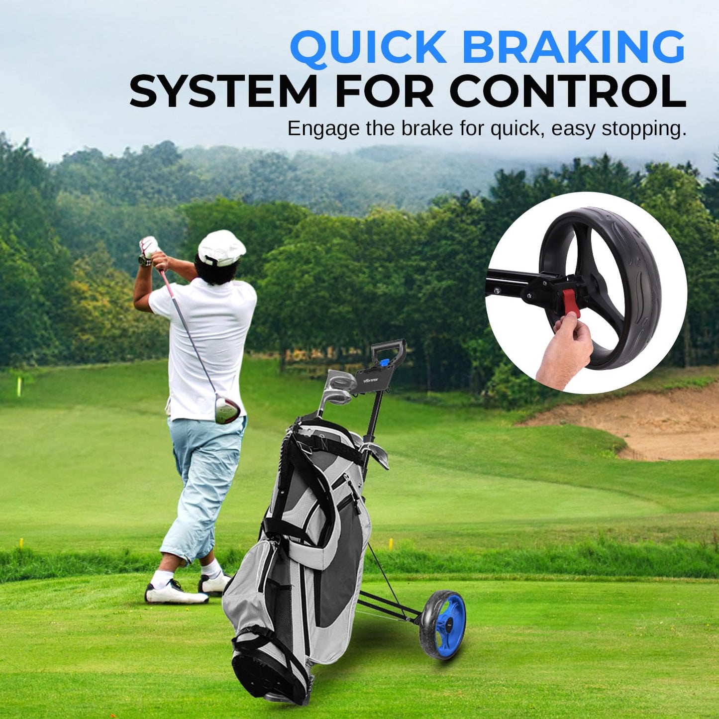 SereneLife Golf Push Pull Cart with Deluxe Scorecard Holder, Adjustable Handle, Upper & Lower Strap Brackets, Lightweight Foldable Design with Quick Brake & Compact Folding