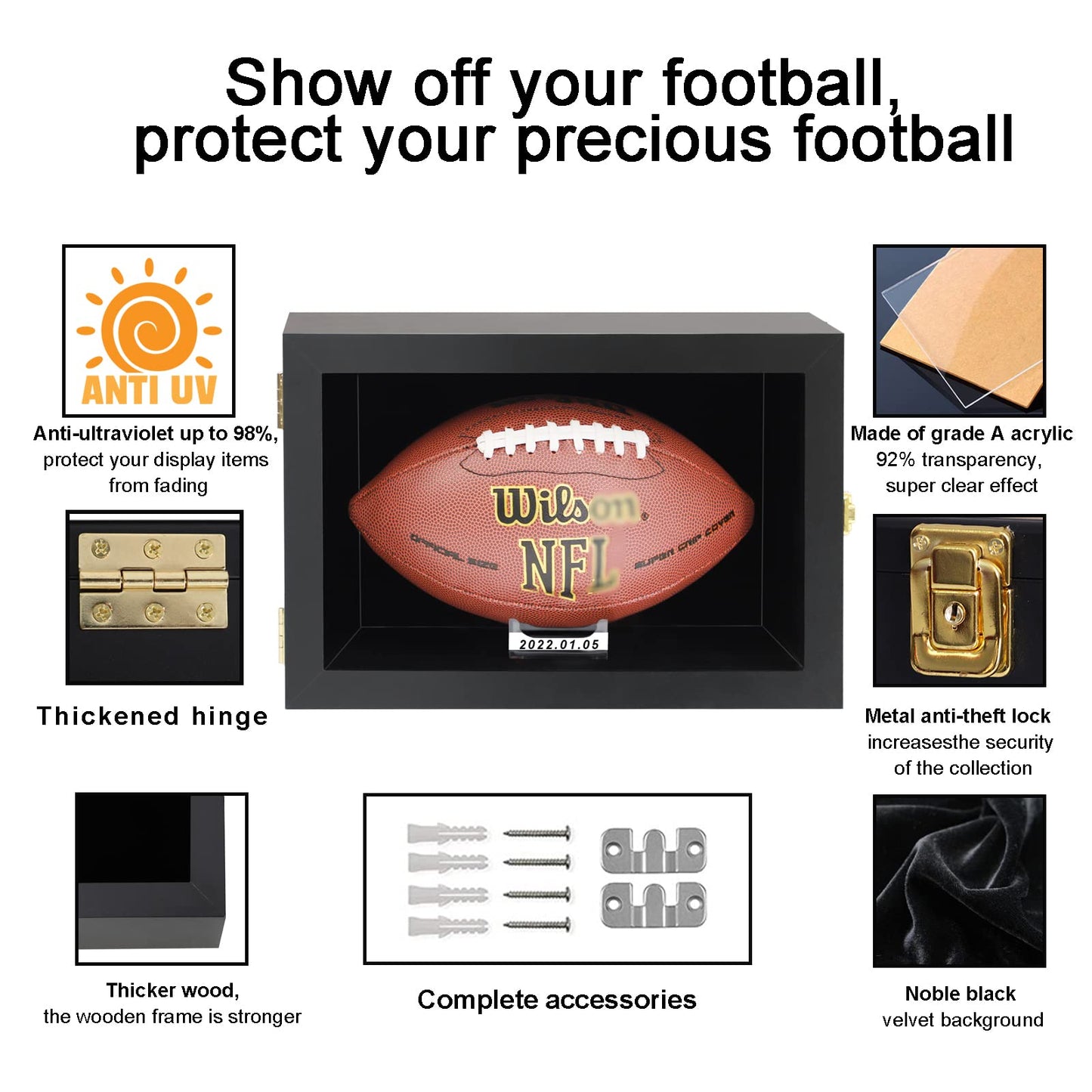 COMSREV Football Display Case Wall Mount Full Size Wooden Acrylic Black