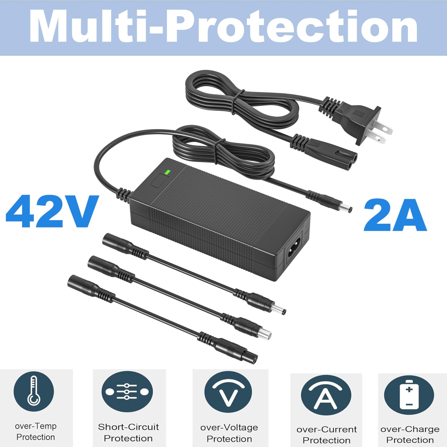 DMMNS 42V 2A Charger with 4 Tips (5.5x2.1/5.5x2.5/8mm 3-Prong/RCA) Compatible with Hiboy,Gotrax,Swagtron Universal for 36V/42V Scooter Battery