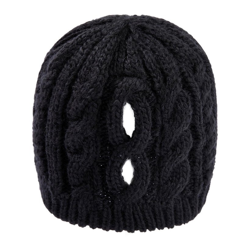 Merino Wool Blend Messy Bun High Ponytail Hole Knit Beanie Hat for Big Large Head Women Warm Winter Cap Fleece Lined Cozy Skull Girls Black