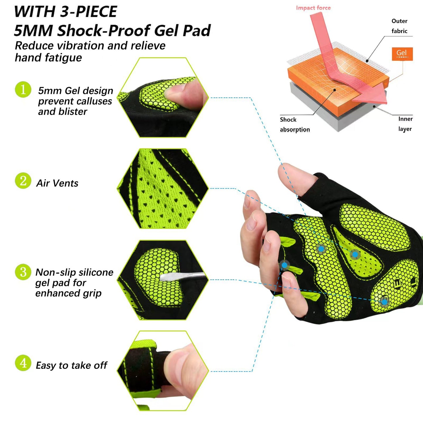 MOREOK Cycling Gloves Bike Bicycle Gloves, Half Finger 5MM Gel-Green-XL