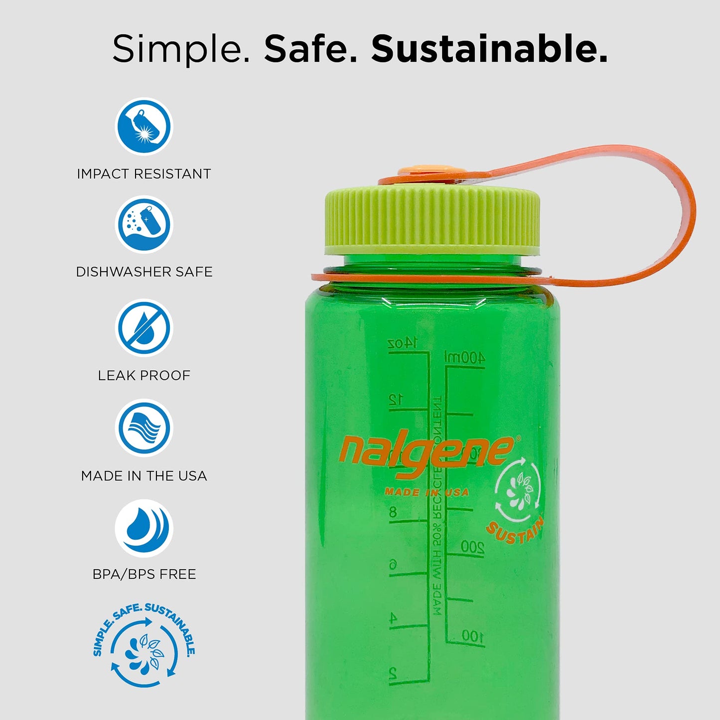 Nalgene Sustain Tritan BPA-Free Water Bottle Made with Material Derived From 50% Plastic Waste, 16 OZ, Wide Mouth, Cerulean Sustain