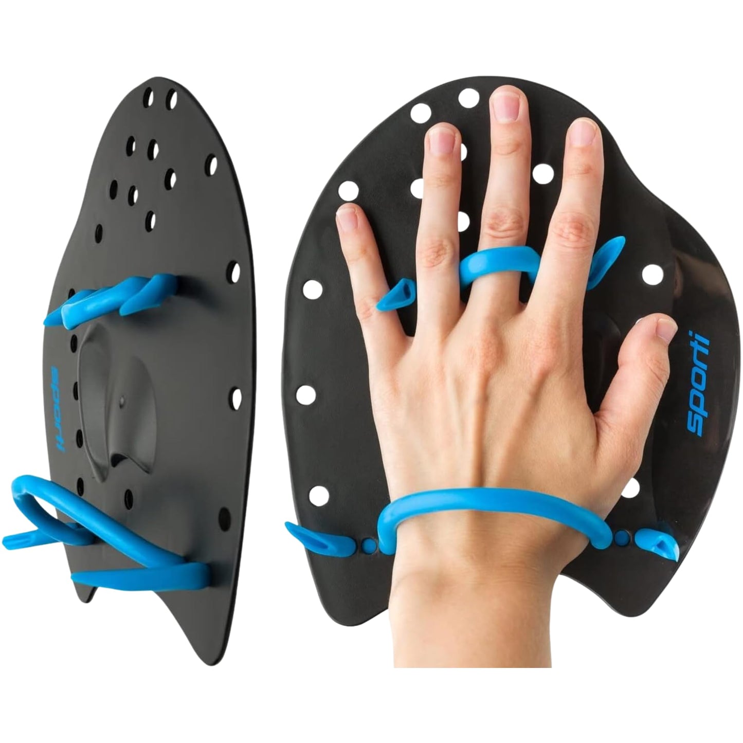 Sporti Power Swim Paddles - Swimming Training Hand Paddles - Adjustable Straps - Lap Swimming Gear (Medium, Black)