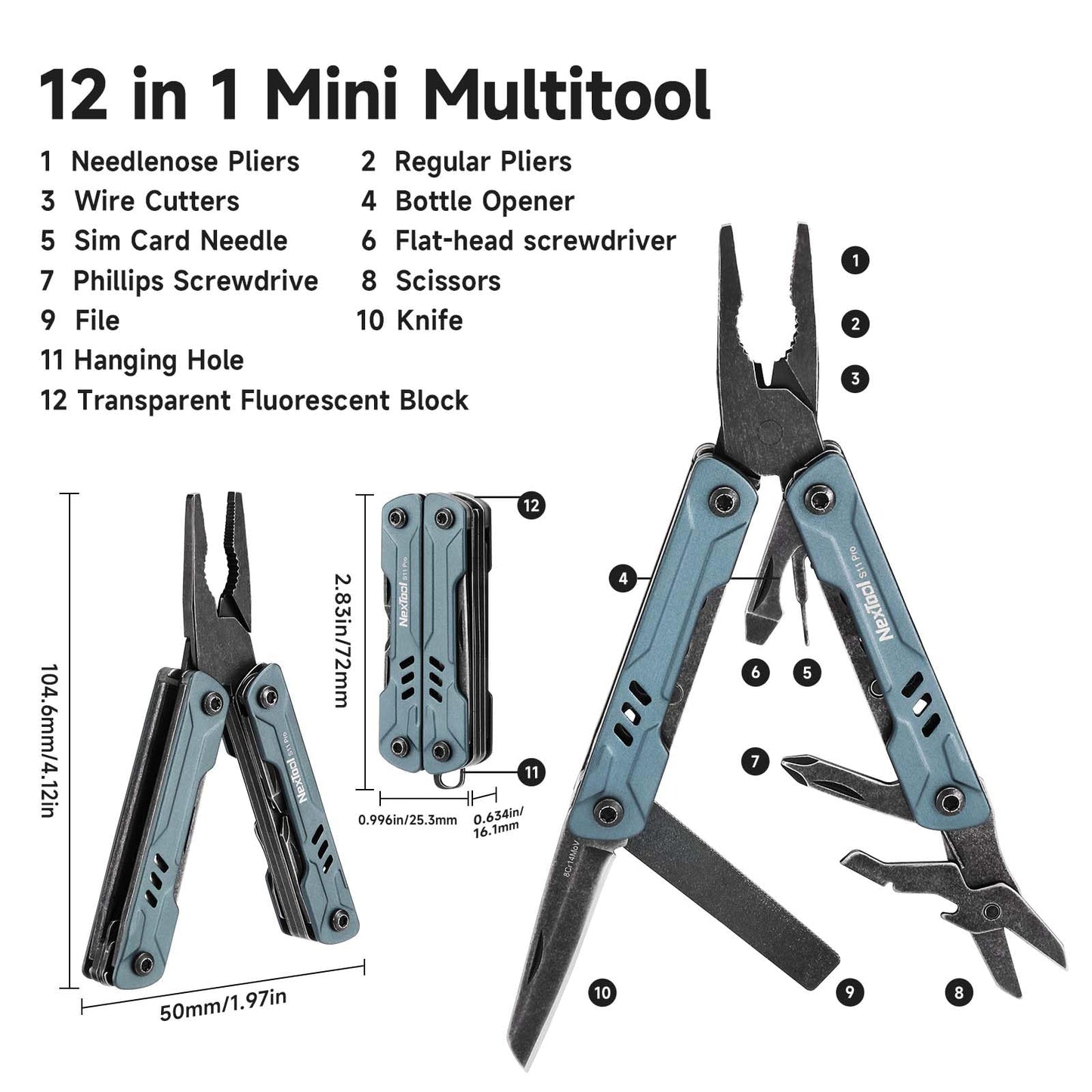 NexTool Mini Sailor S11 Pro Keychain Multitool - Compact 12-in-1 EDC Multi Tool with Upgraded Materials, Lightweight Pocket Tool for Camping, Hiking, DIY & Gifts