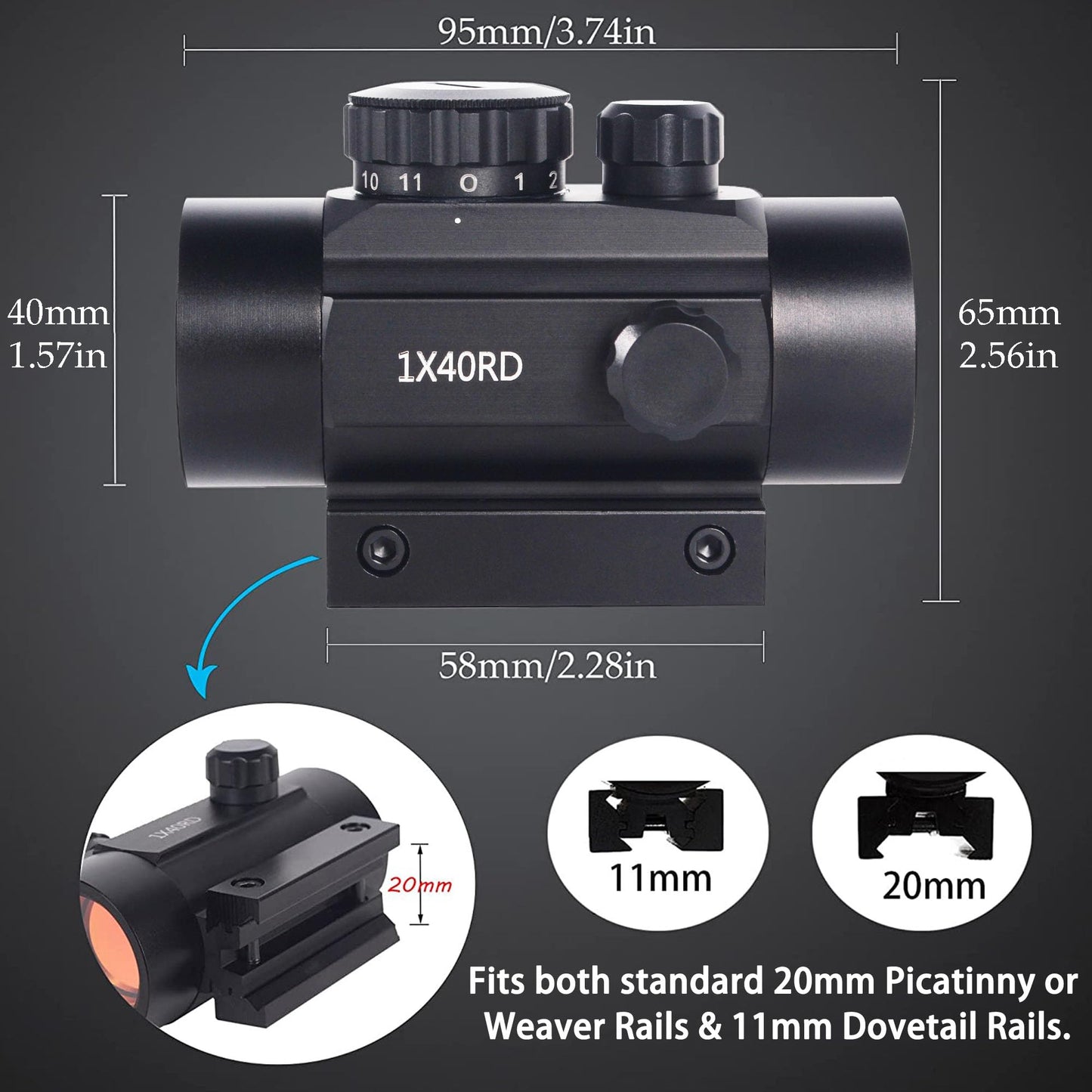 KASENTE 1x40 Red Dot Reflex Sight, Airsoft Rifle Scope, 11 Brightness Level, Tactical Optics Hunting Riflescope with 20mm / 11mm Weaver Picatinny Rail Mount