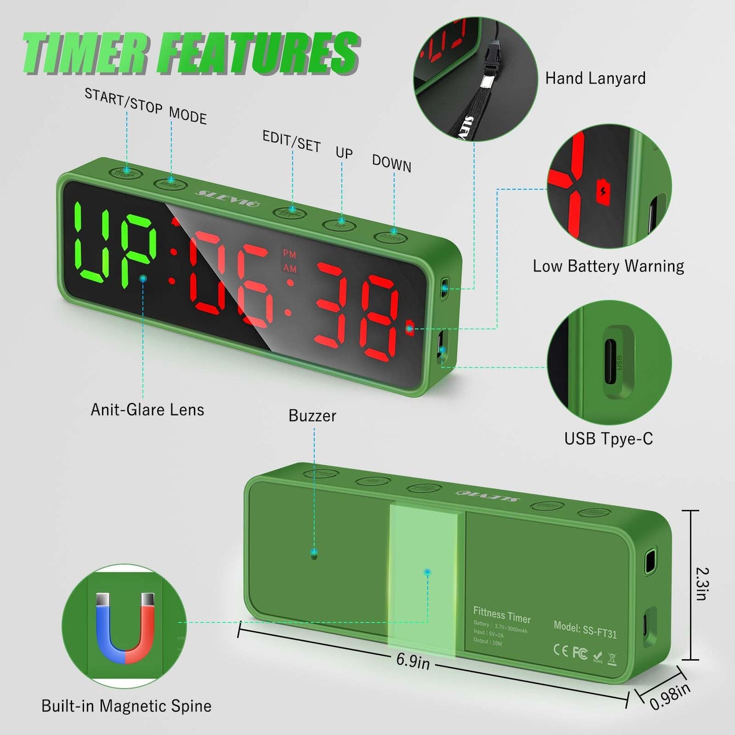 Small Gym Timer Clock Stopwatch Magnetic Workout Interval Timer, Large LED Digital Display, Home Accessories Countdown Clock for Home Gym Garage Schools (Matte Green)