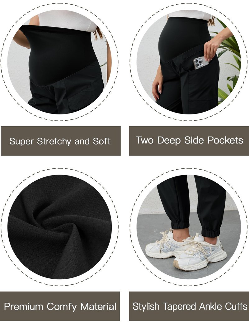 PACBREEZE Women's Maternity Cargo Joggers Quick-Dry Hiking Pants Active Outdoor Casual Pregnancy Sweatpants (Black, Medium)