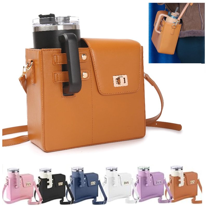 YFYIC Outdoor Portable Crossbody Water Cup Storage Bag, Leather Water Bottle Holder with Adjustable Shoulder Strap, Pink Water Bottle Carrier Bag with Storage Pocket for Women (Brown)