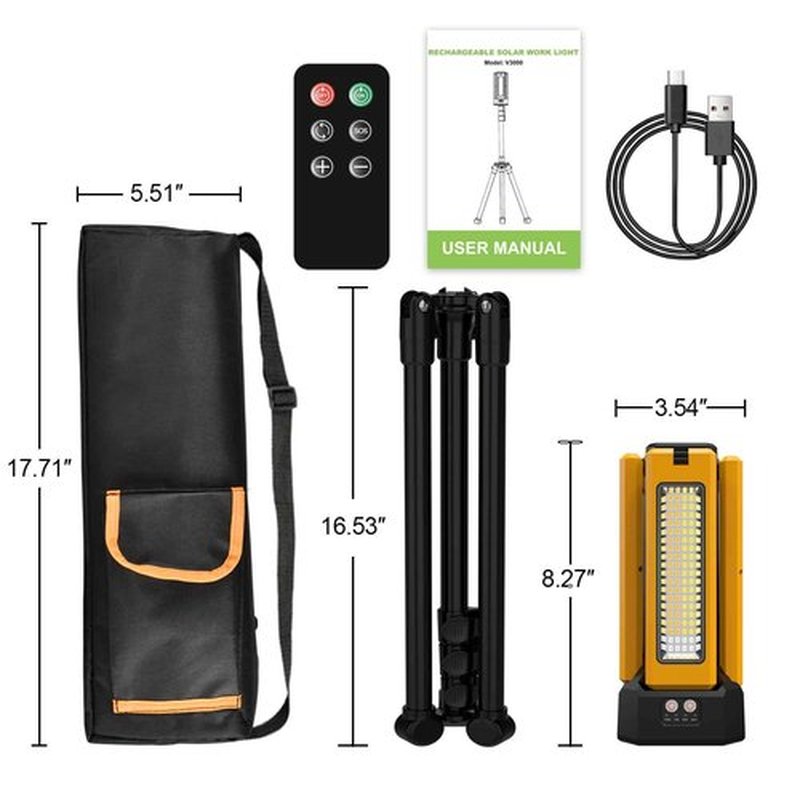 iodoo 13200mAh Rechargeable Solar Work Light, IPX4 Waterproof with Folding Stand Support and Portable Carrying Bag, 8000 Lumen Stepless Dimmable, 4 Lighting Modes, White/Warm/Warm White (Remote)