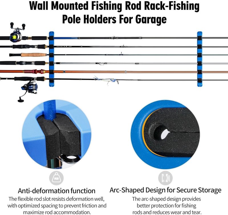 Horizontal Fishing Rod Holder - Wall-Mounted Storage Rack for 12 Rods | EVA Grip, Garage Organization Solution
