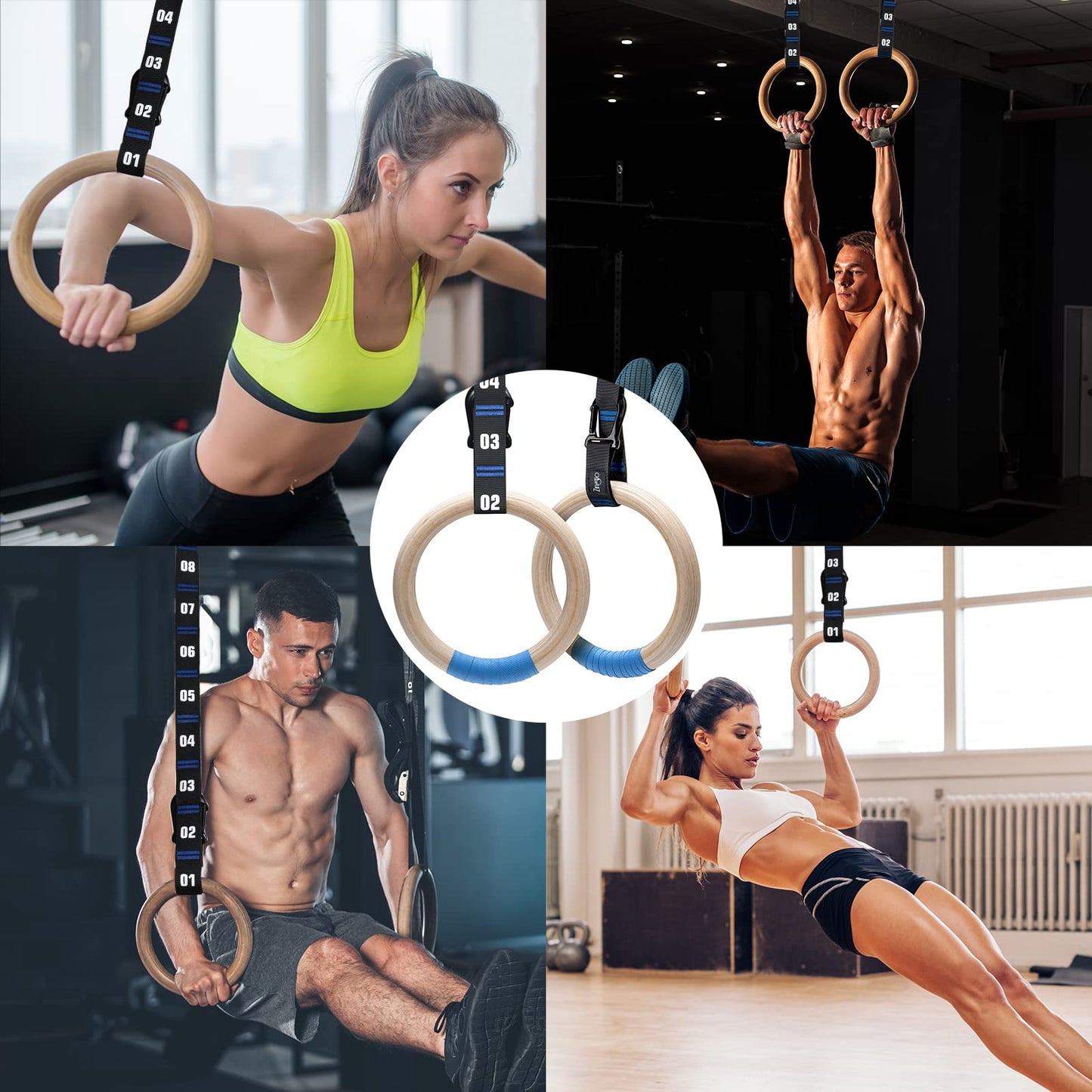 Zingtto Wooden Gymnastic Rings with Adjustable Numbered Straps. 1.1'' Olympic Rings for Core Workout, Crossfit, Bodyweight Training. Home Gym Rings with 8.5ft Exercise Straps and Workout Handles