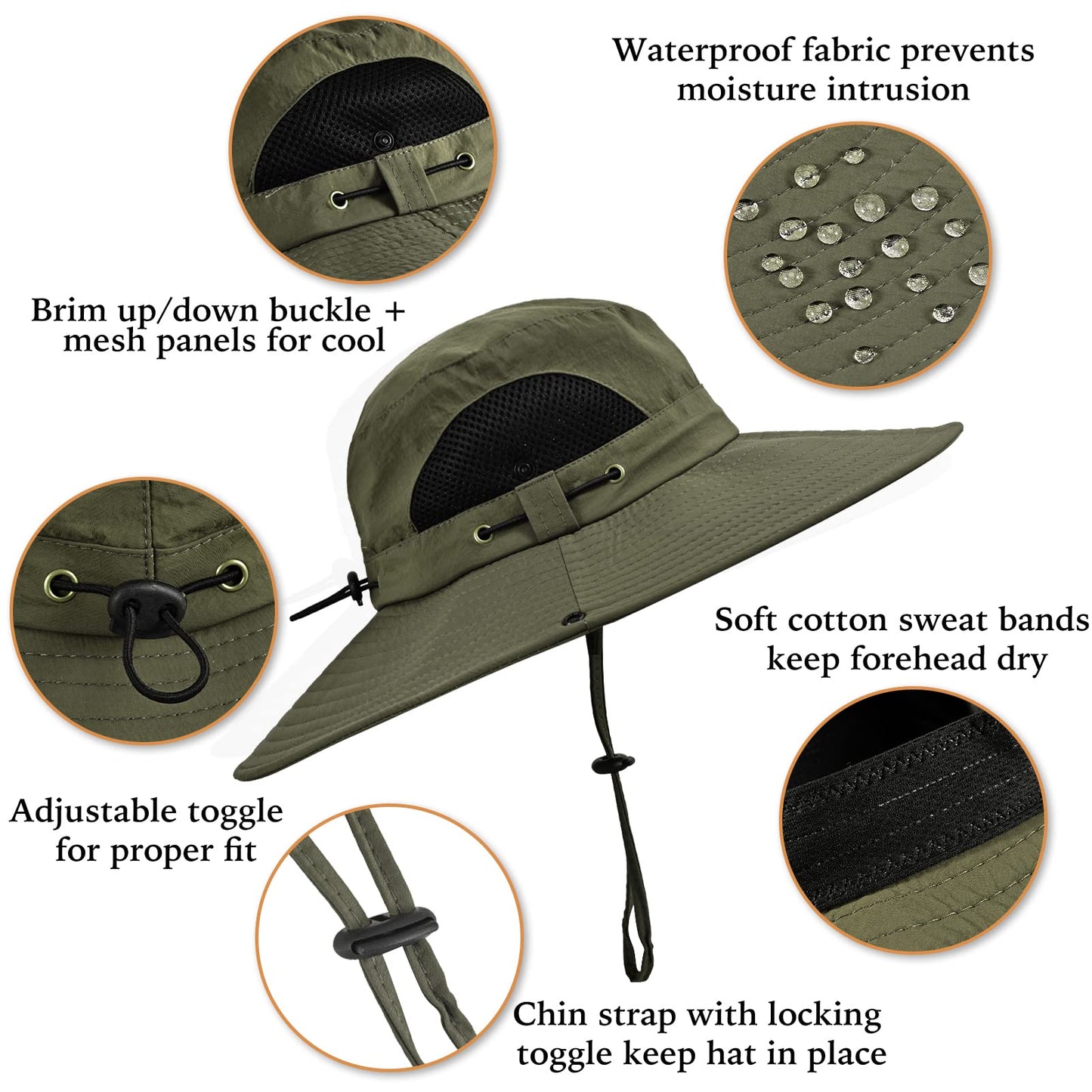 Wide Brim Fishing Sun Hat for Men Women, UPF 50+ Waterproof Bucket Boonie Hat Hiking Camping Safari Garden Beach