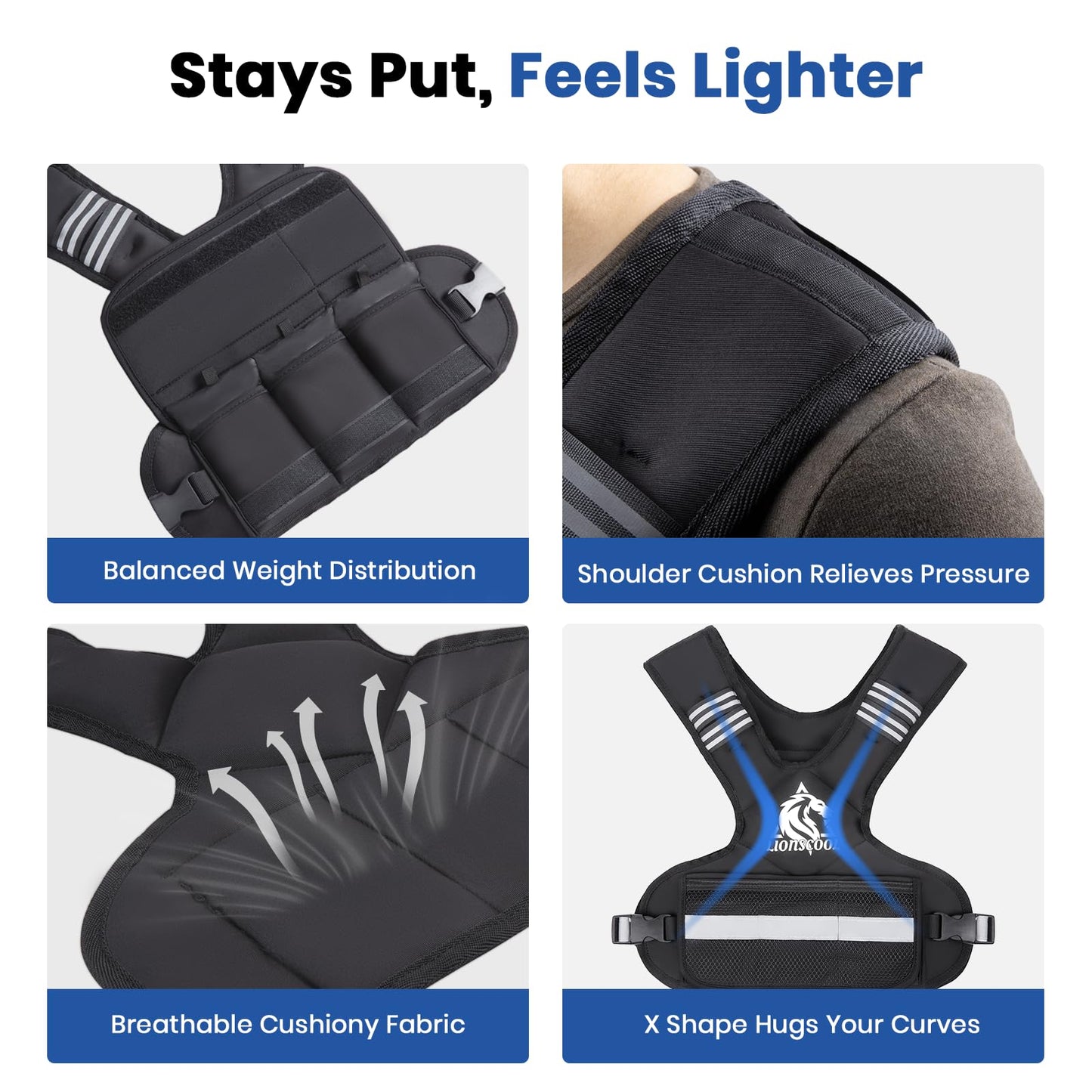 LIONSCOOL Weighted Vest for Men and Women, 4-10LB/11-20LB/20-32LB Adjustable Body Weight Vest with 6 Ironsand Weights & Reflective Stripes for Weight loss, Walking, Running, Cardio and Strength Training