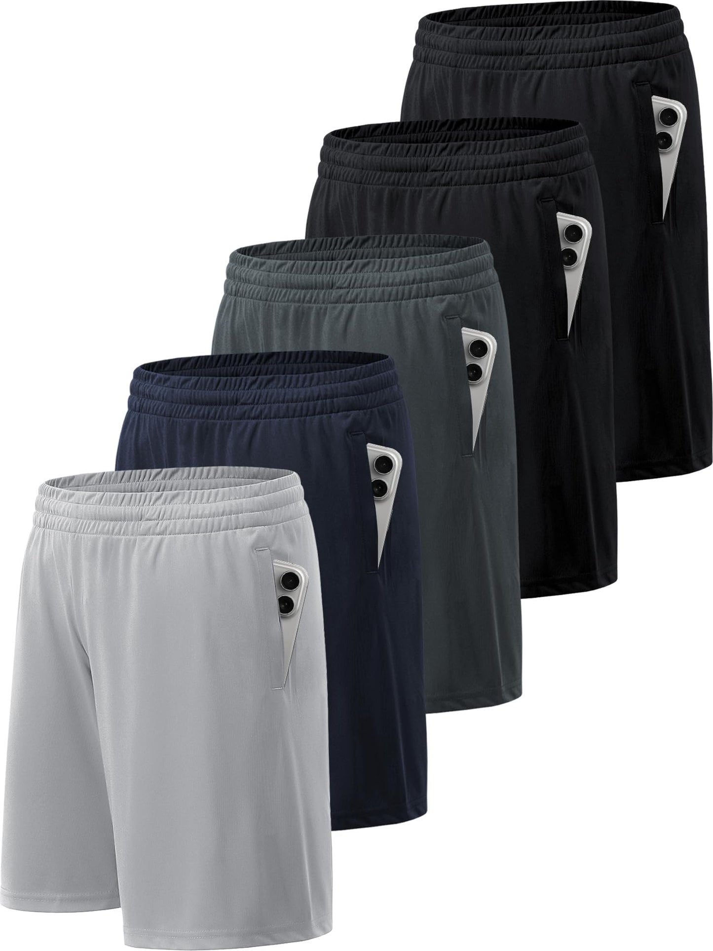 BVNSOZ Men's Athletic Shorts with Pockets and Elastic Waistband Quick Dry Workout Shorts for Men, Black x 2, Navy, Dark Grey, Light Grey, XL