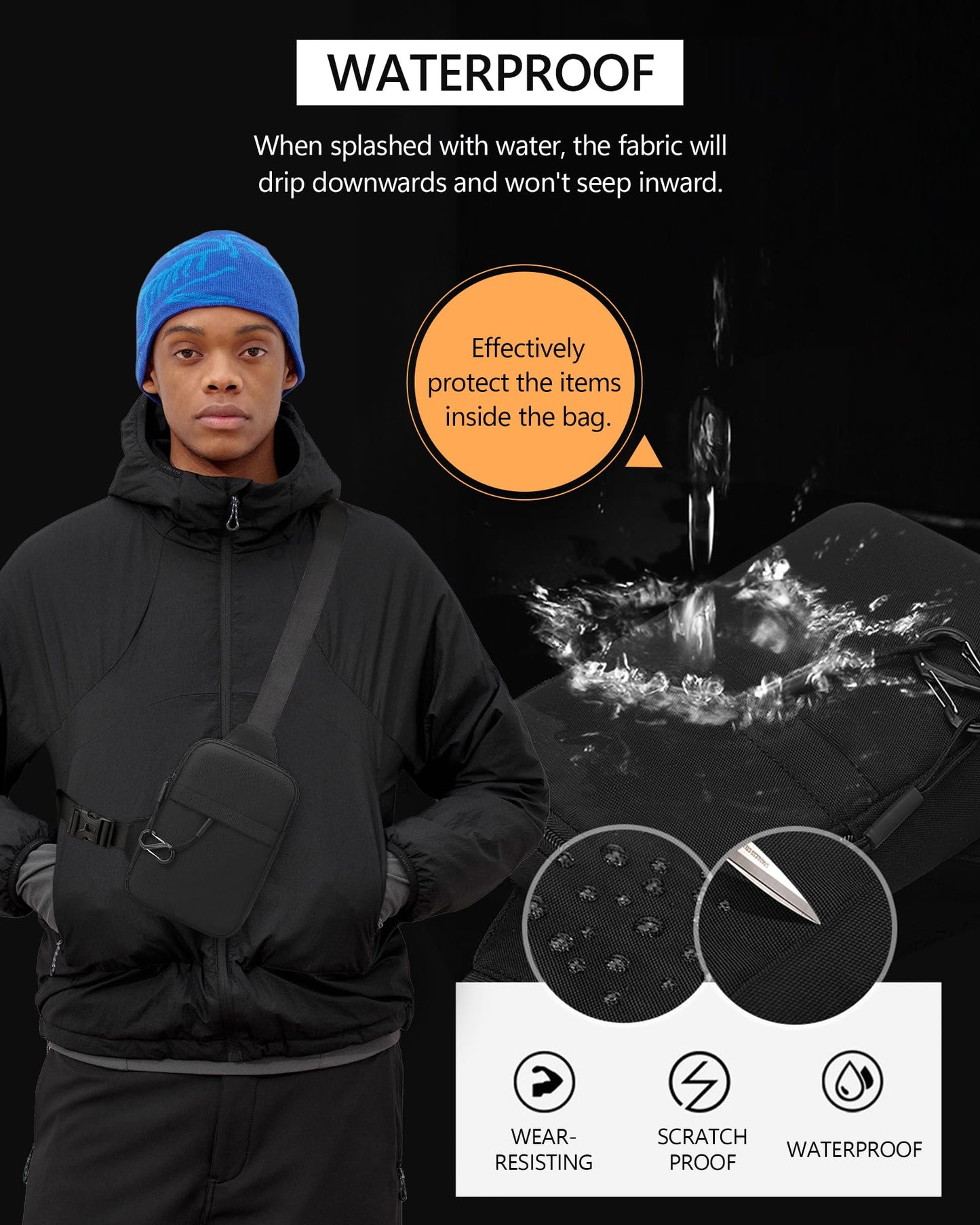 Peicees Small Anti-theft Sling Bag for Men Women Waterproof Mini Crossbody Backpack Chest Bag Travel Passport Phone Holder, Black