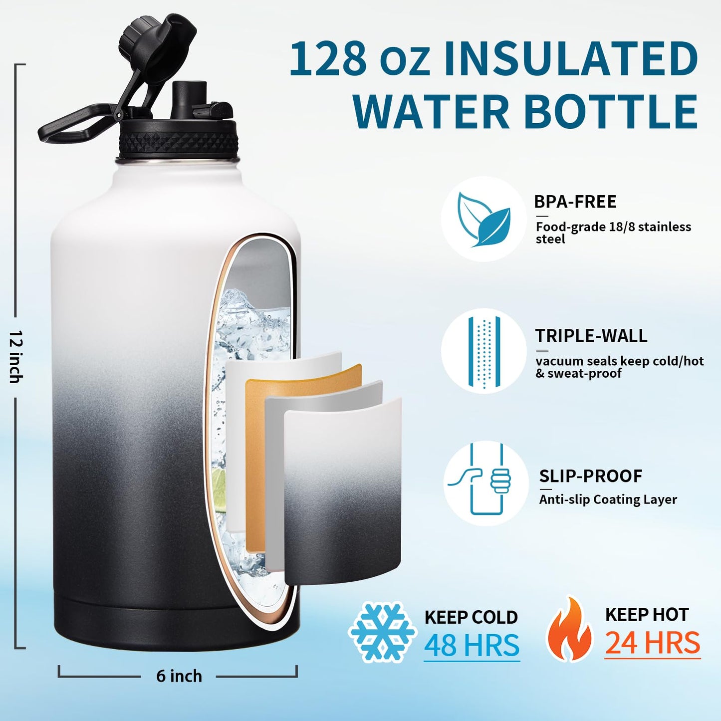 1 Gallon Water Bottle Insulated - 128 oz Water Jug with Straw Spout Lid, Paracord Handle, Carrying Bag, Protective Cup Mat, Big Stainless Steel Water Bottles, Metal Canteen for Camping Sports Gym