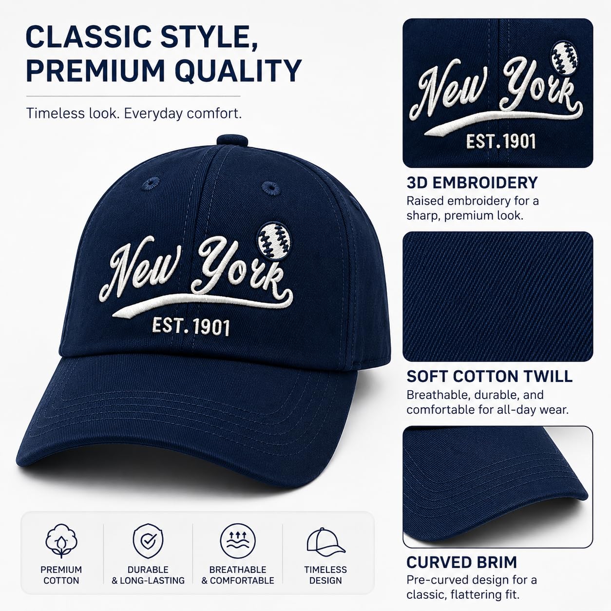 Embroidered City Cotton New York Baseball Cap, Adjustable Classic Vintage Fans Baseball Hat for Men Women