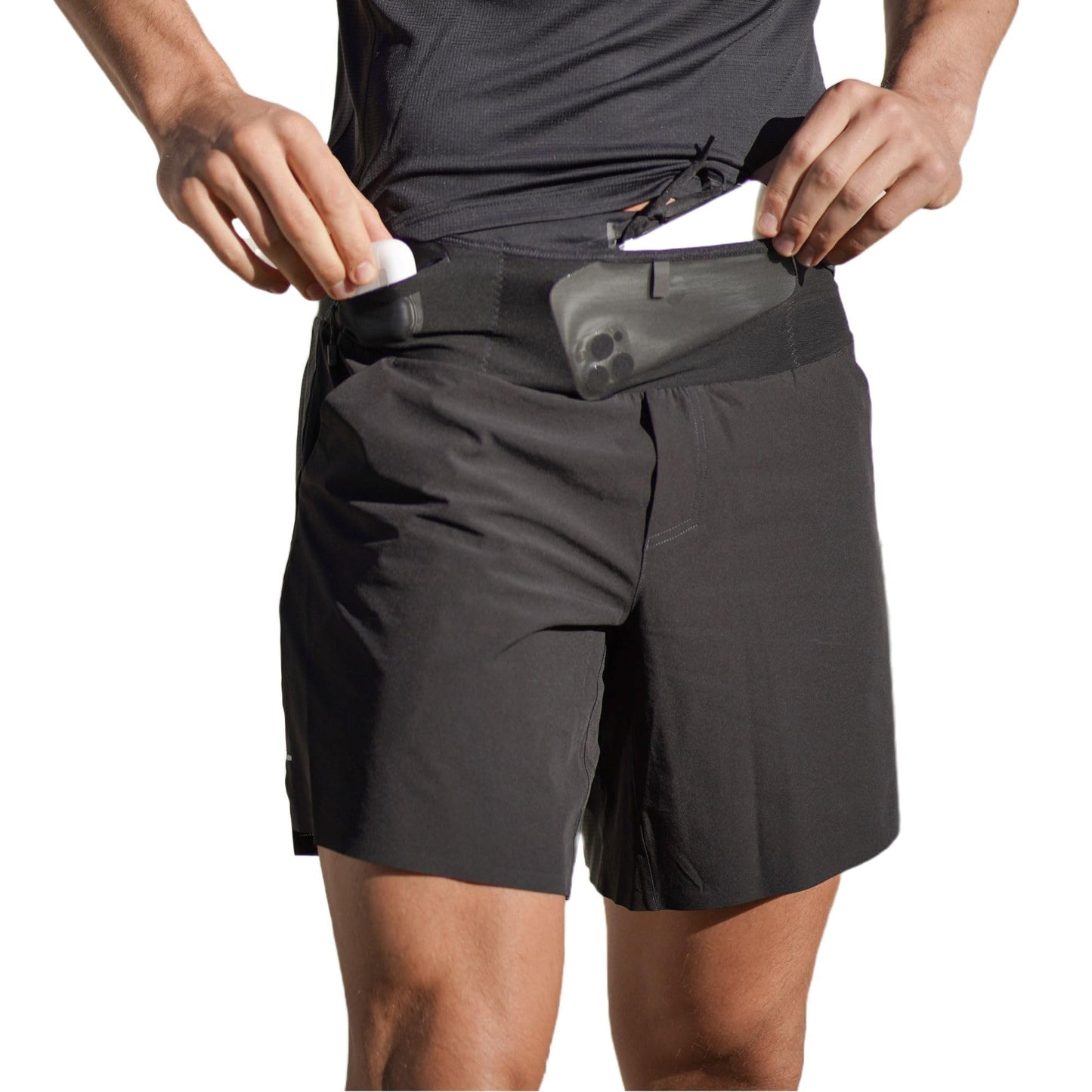 FlipBelt Black Athletic Running Shorts for Men, Lightweight Moisture Wicking Exercise Shorts with Reflective Logo and 7” Pockets, Integrated Air Belt Waistband, XS-XL