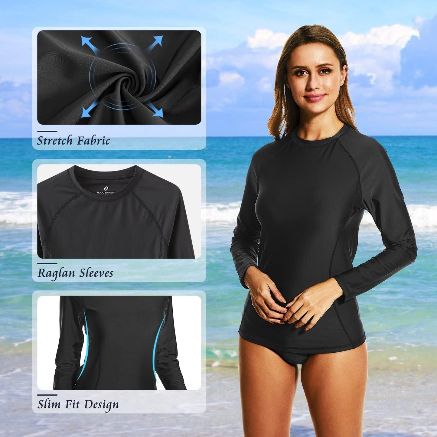 HODOSPORTS Women's UPF 50+ Rashguard Swimsuit UV Sun Protection Swim Shirt Long Sleeve Black XS