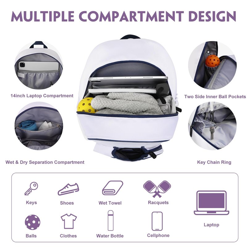 Pickleball Backpack, 30L Pickleball Bag Waterproof Large 3-Racket Tennis Sports Bag with Shoe Compartment & Insulated Pocket, Paddle Holder, Premium Sturdy Durable Bag for Men & Women (White)