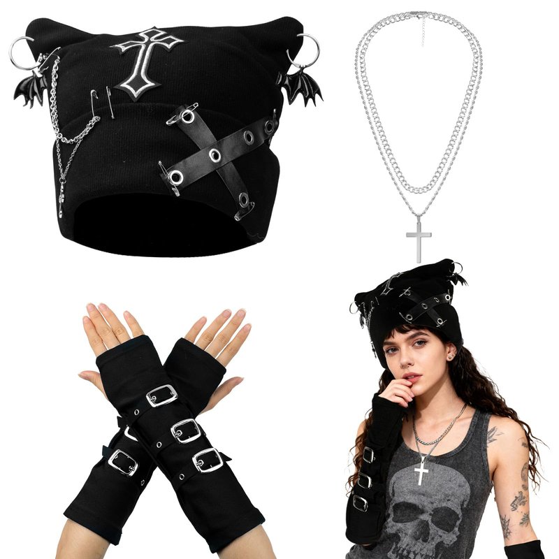 Goth Knitted Beanie Grunge Cat Ear Beanie Hat with Punk Necklace Grunge Arm Warmers for Women Y2K Streetwear Accessories Emo Crochet Hat
