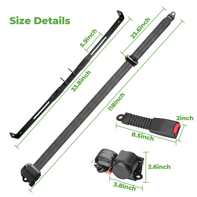 10L0L 3 Point Golf Cart Seat Belt Bracket Kit for EZGO TXT & Club Car DS 2 Passenger, Retractable Seatbelts, Ajustable Freely