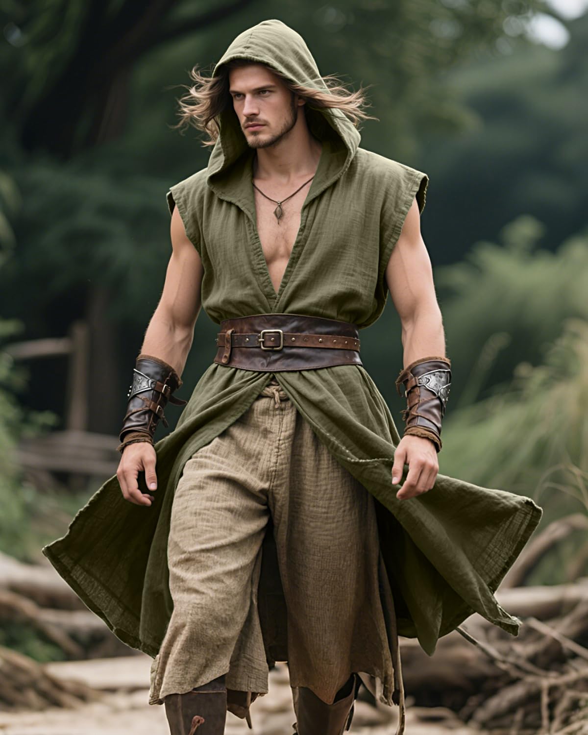 Medieval Sleeveless Hooded Surcoat Renaissance Assassin Costume (Green, L)