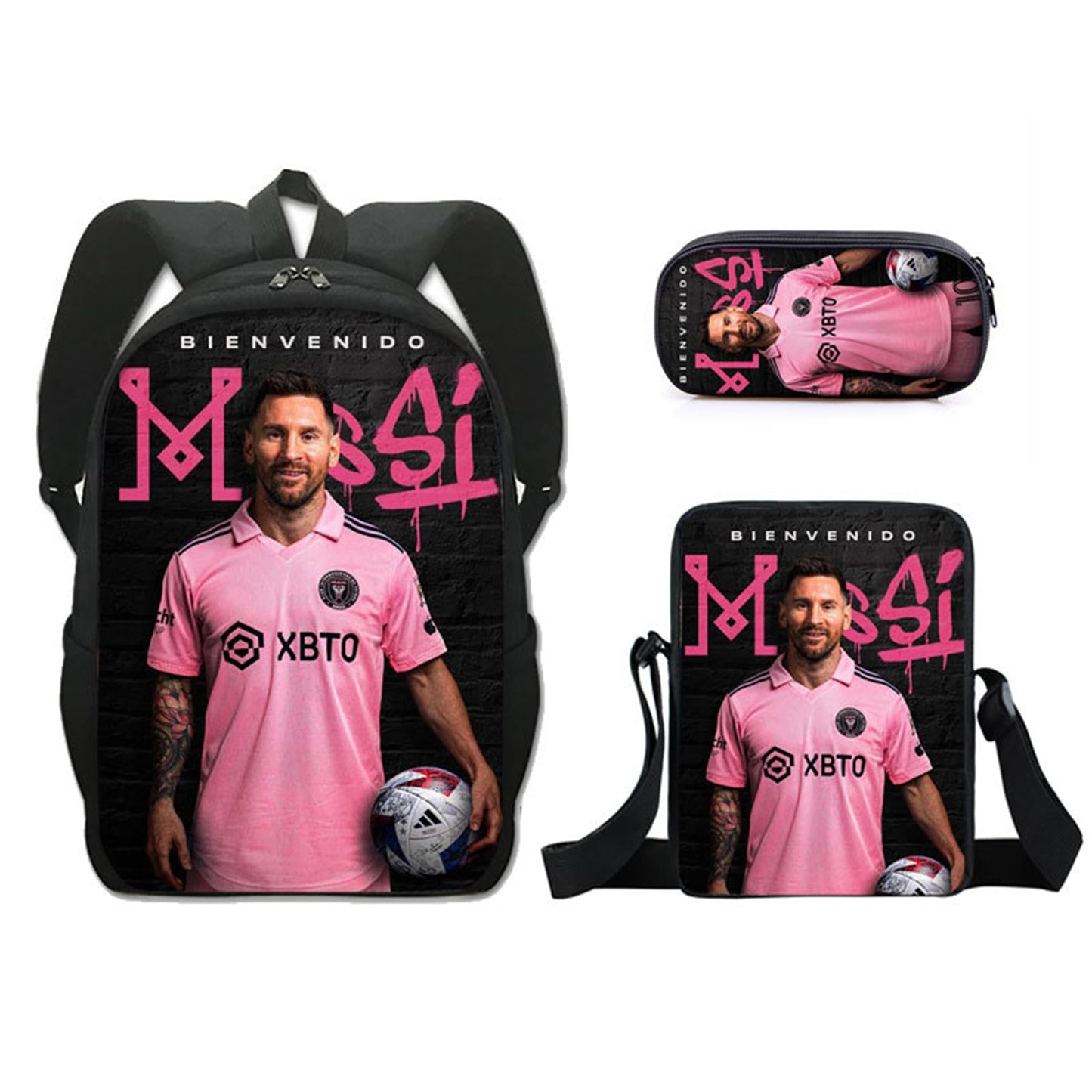 Jefuzh Lionel Messi Backpack Set-3 Pieces Casual Bookbag+Shoulder Bag+Small Case-Lightweight Travel Daypack for Outdoor