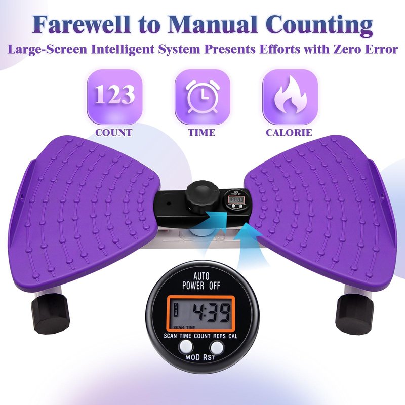 Nereusfwater Waist Twister Machine, 330 lbs Capacity, Noiseless Anti-Slip Twist Board with Resistance Bands, Adjustable Tension Knob & Foot Massage, Digital Display Tracks Time, Reps & Calories, Home Core Trainer for Men & Women (purple，with a display sc