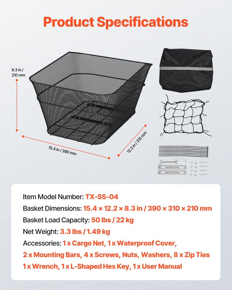 VEVOR Rear Bike Basket, Wire Mesh Bicycle Basket with Cargo Net & Waterproof Cover, Durable Metal Bike Back Basket, Fits Most Rear Bike Racks, Mounting Tools Included