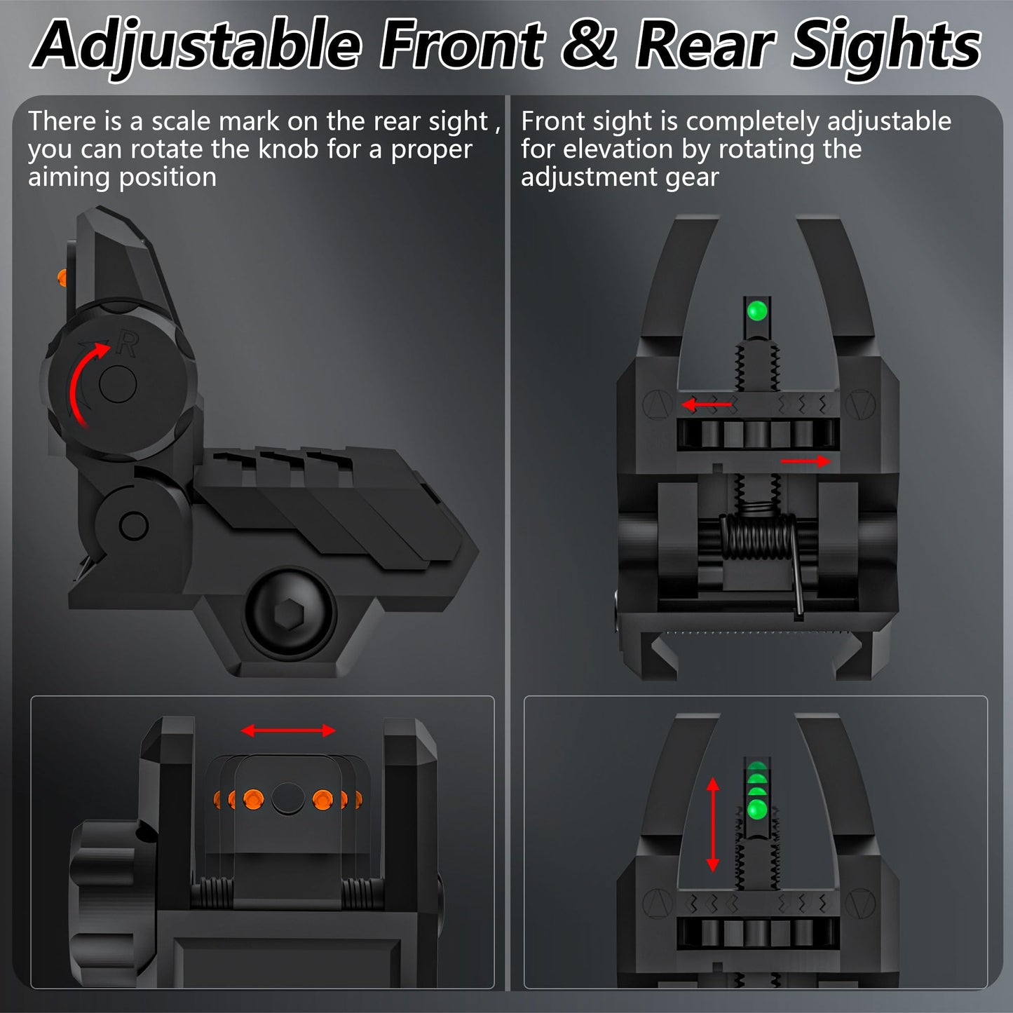 JORMIX Folding Fiber Optic Sights Flip Up Sights Front and Rear Back up Sights for Picatinny Weaver Rails with Red Green Full Dots Polymer (Front Green+Back Red)
