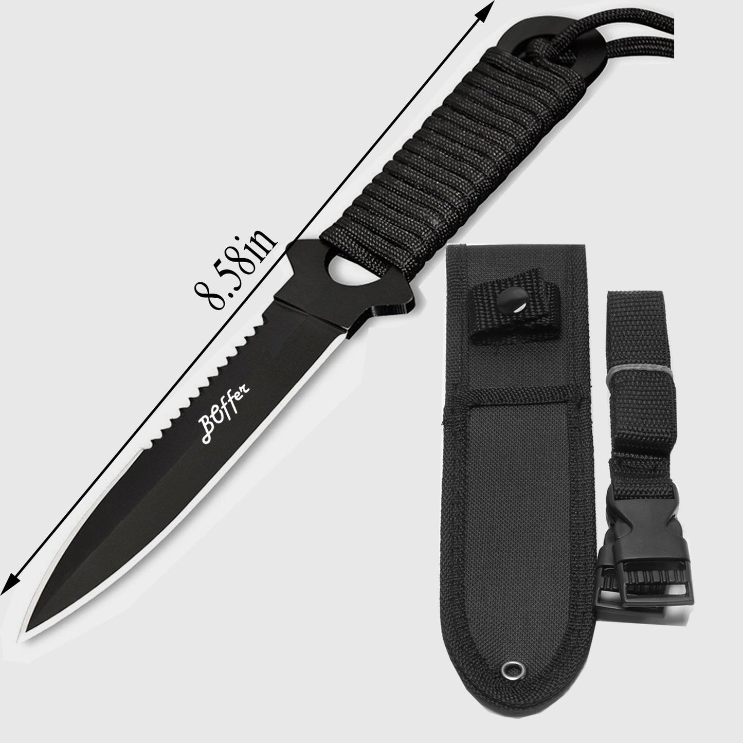 BOffer Dive Knife, Scuba Diving Knife with Sheath and Leg Strap, Black Tip Dive knife Double Edge with Nylon, ABS Sheaths and 2 Pairs Strap for Leg and Arm, Divers Sharp knives