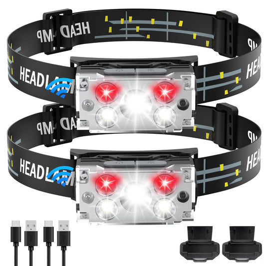 DAWINSIE Headlamp LED Rechargeable (2 PCS), Head Lamp with Motion Sensor, 6 Modes Waterproof Head Light Flashlight for Hiking, Running, Repairing, Fishing, Cycling